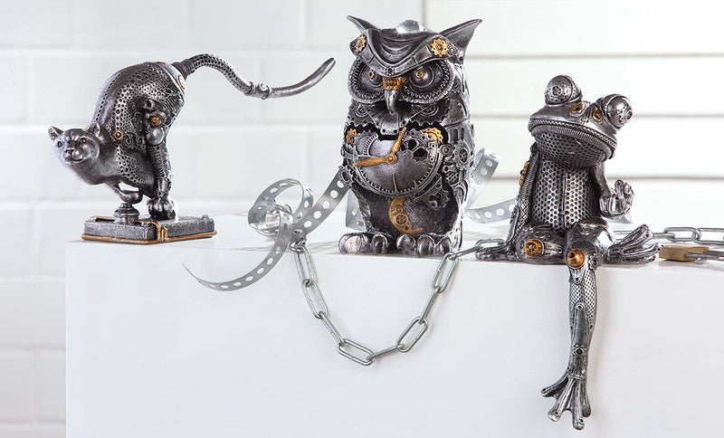 2er Set Steampunk Frog Polyresin Skulptur - Antik Silber und Kupferfarbene Akzente