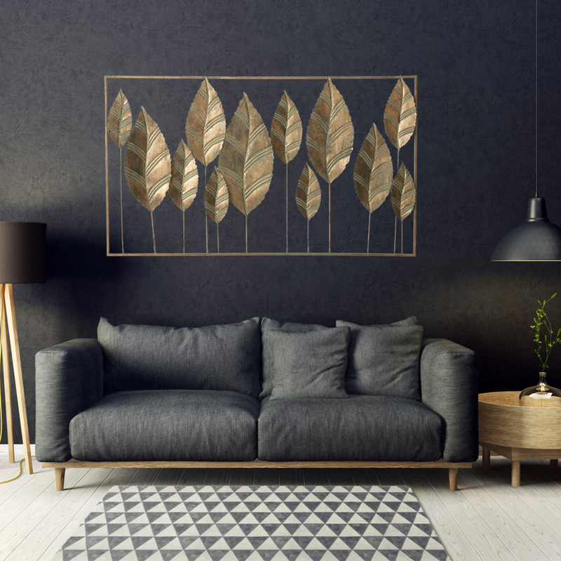 Wandobjekt GOLDIX - Handgearbeitetes Eisenblatt in Antikgold, Bemalte Oberfläche, 130x76cm