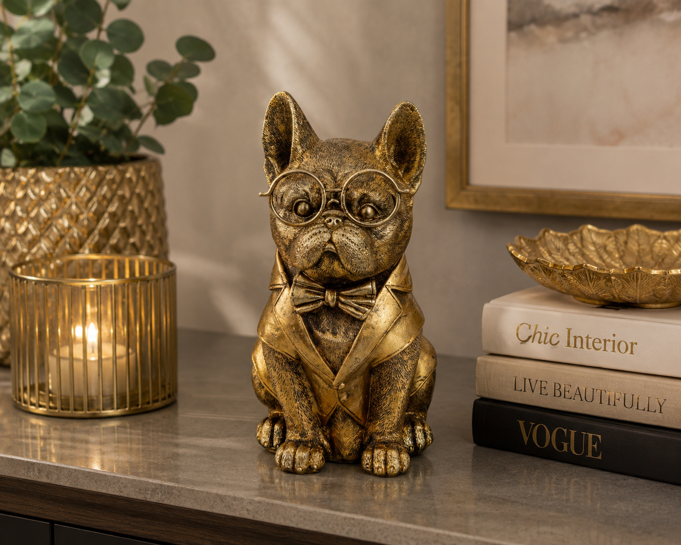 Dekofigur Mops Bravino Gold mit Brille