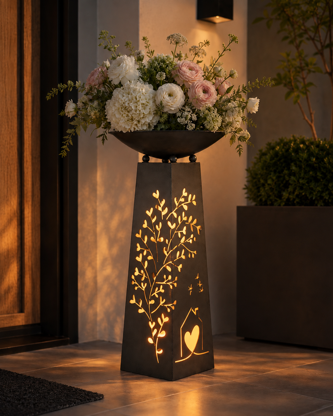 Metall Schalenständer Zuhause mit Baum und Herzmotiv in Grau Höhe 95cm