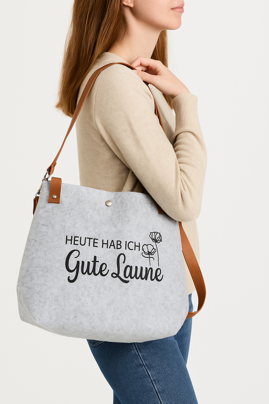 Good mood felt bag with faux leather strap in grey