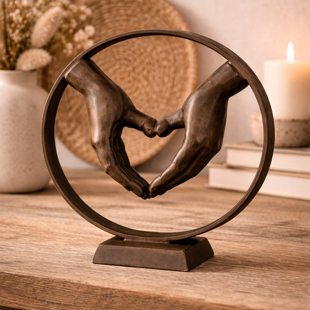 Eisenskulptur Herzhände Rund Braun Cordis Handkreis