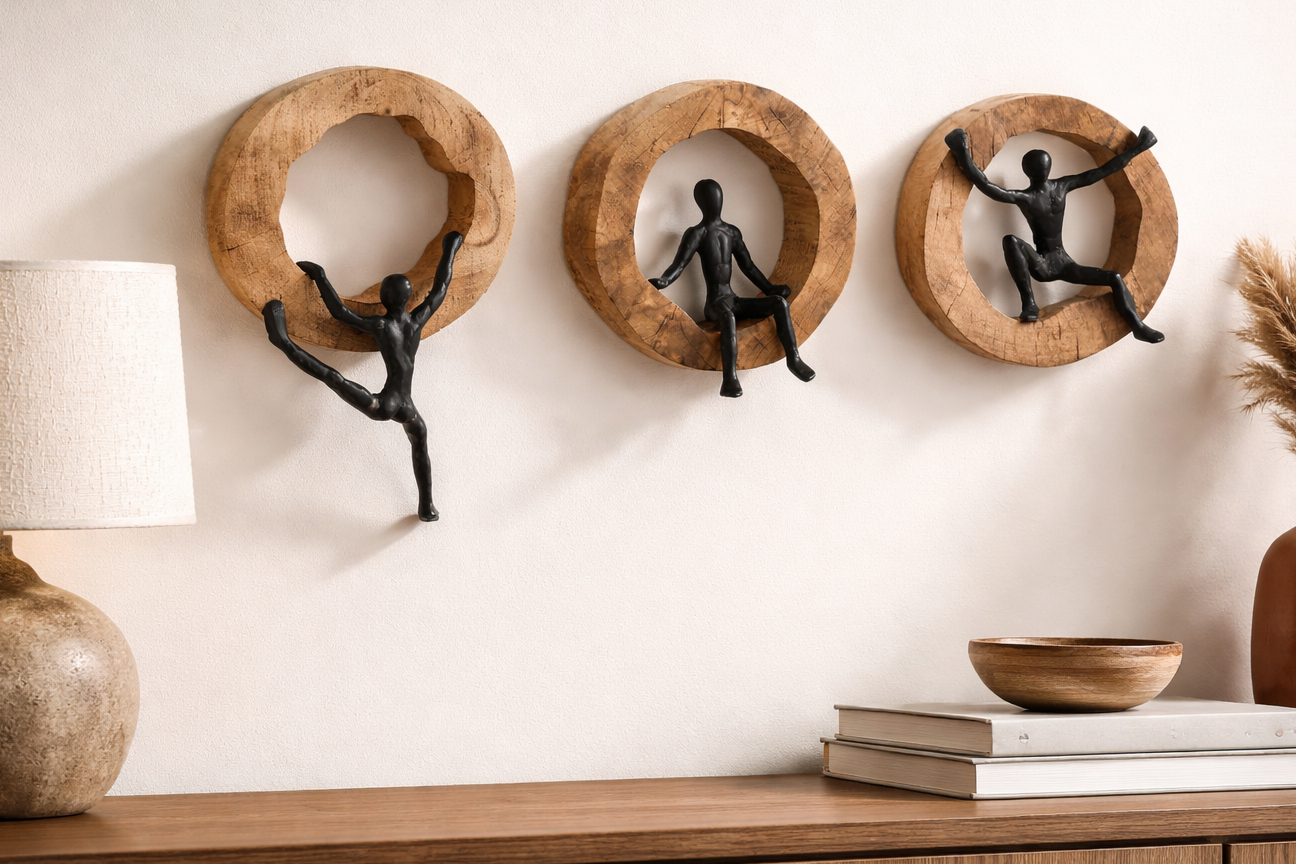 Wanddeko Circolo Kletterfigur aus Mangoholz und Aluminium schwarz 3er Set