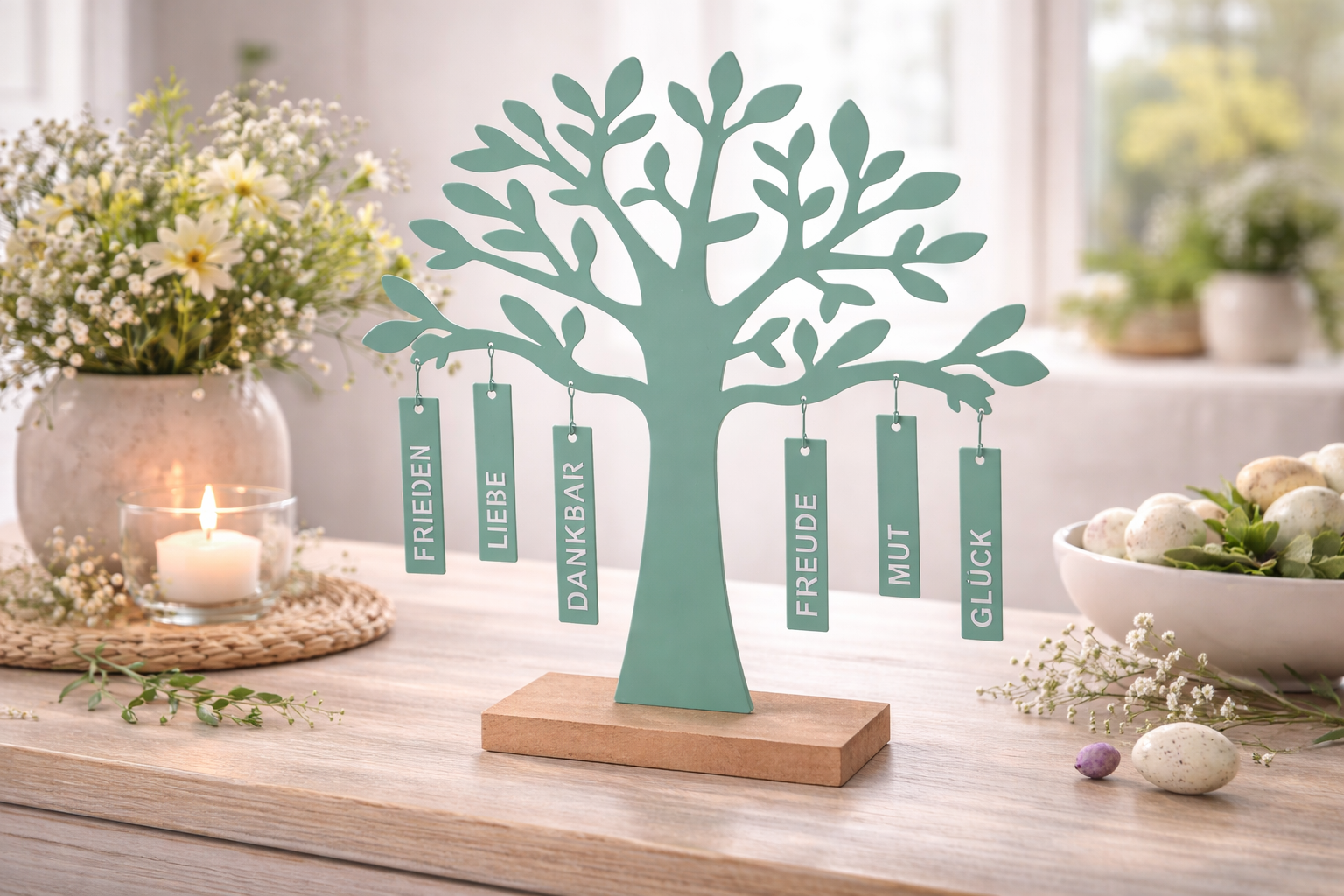 Wunschbaum Dekoaufsteller Gruen Holz Metall