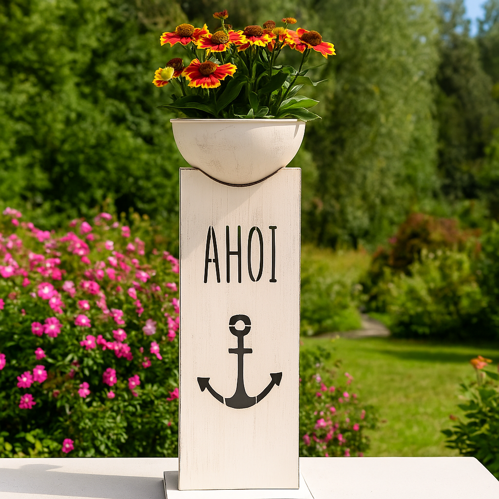 Dekosaeule Ahoi Anker mit Pflanzschale Metall weiss maritim