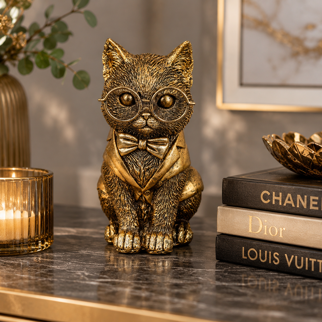 Dekofigur Katze Bravino Gold mit Brille