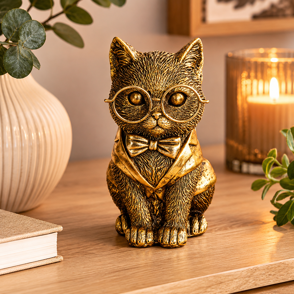 Dekofigur Katze Bravino Gold mit Brille