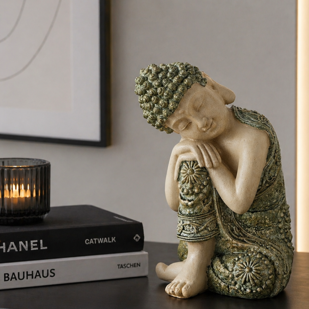Boeddhabeeld Bodhi Shanti – Meditatief decoratief beeldhouwwerk beigegroen