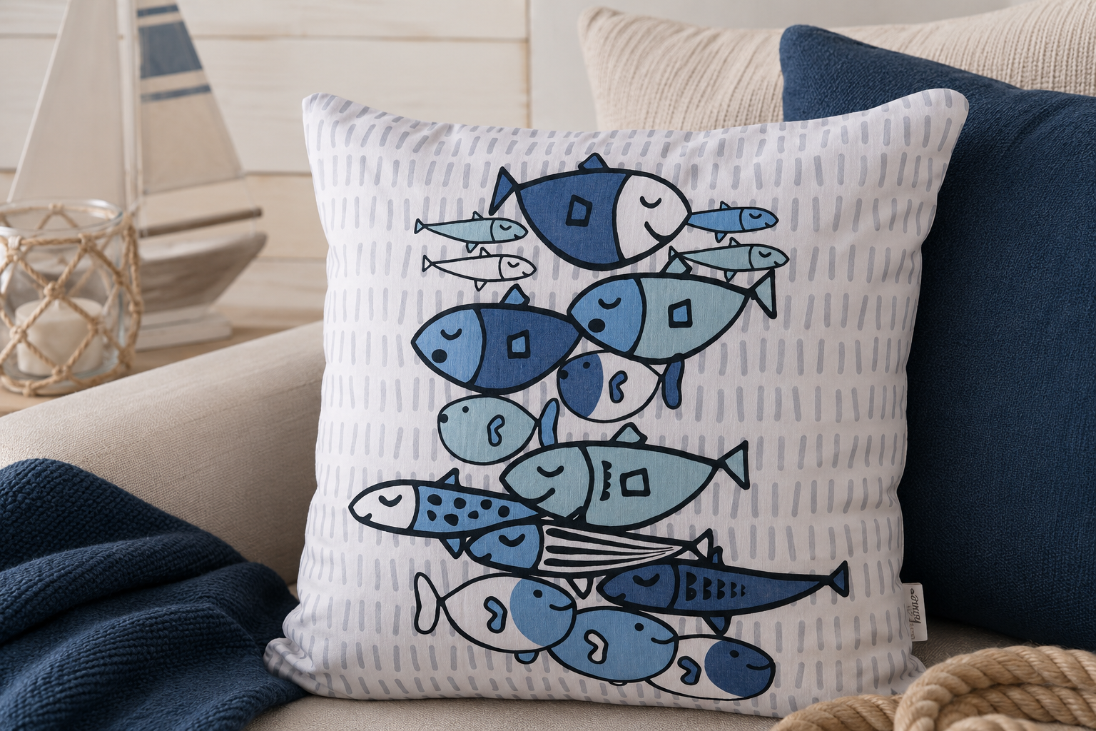Dekokissen Ocean Fish blau weiß quadratisch mit Fisch Motiv
