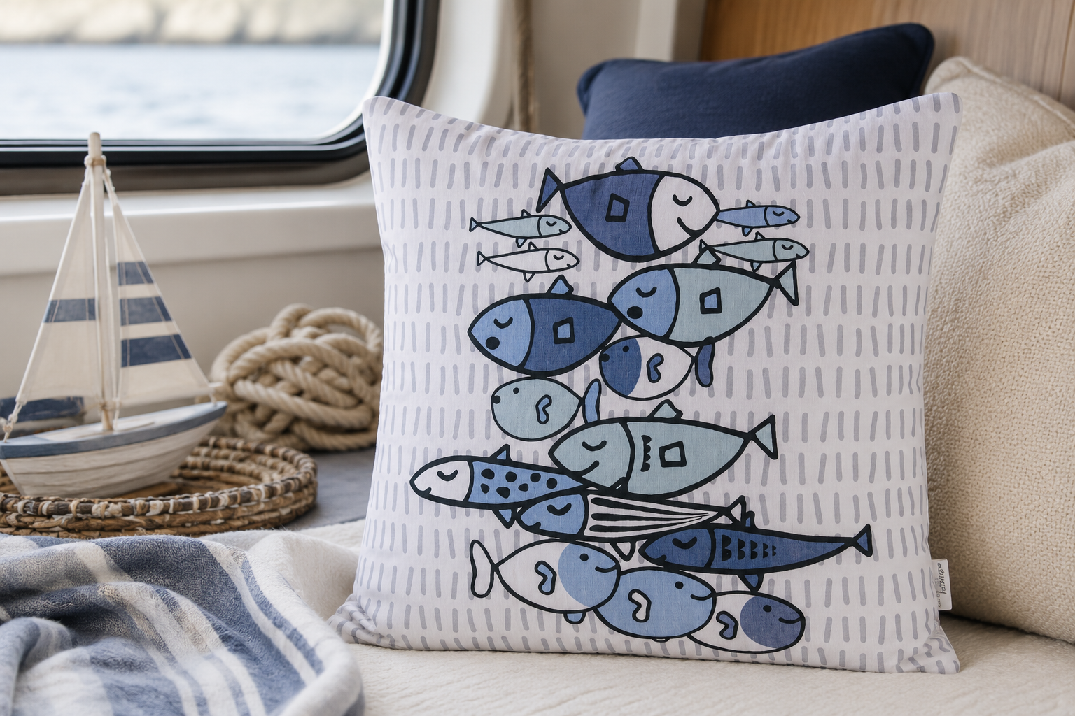 Dekokissen Ocean Fish blau weiß quadratisch mit Fisch Motiv