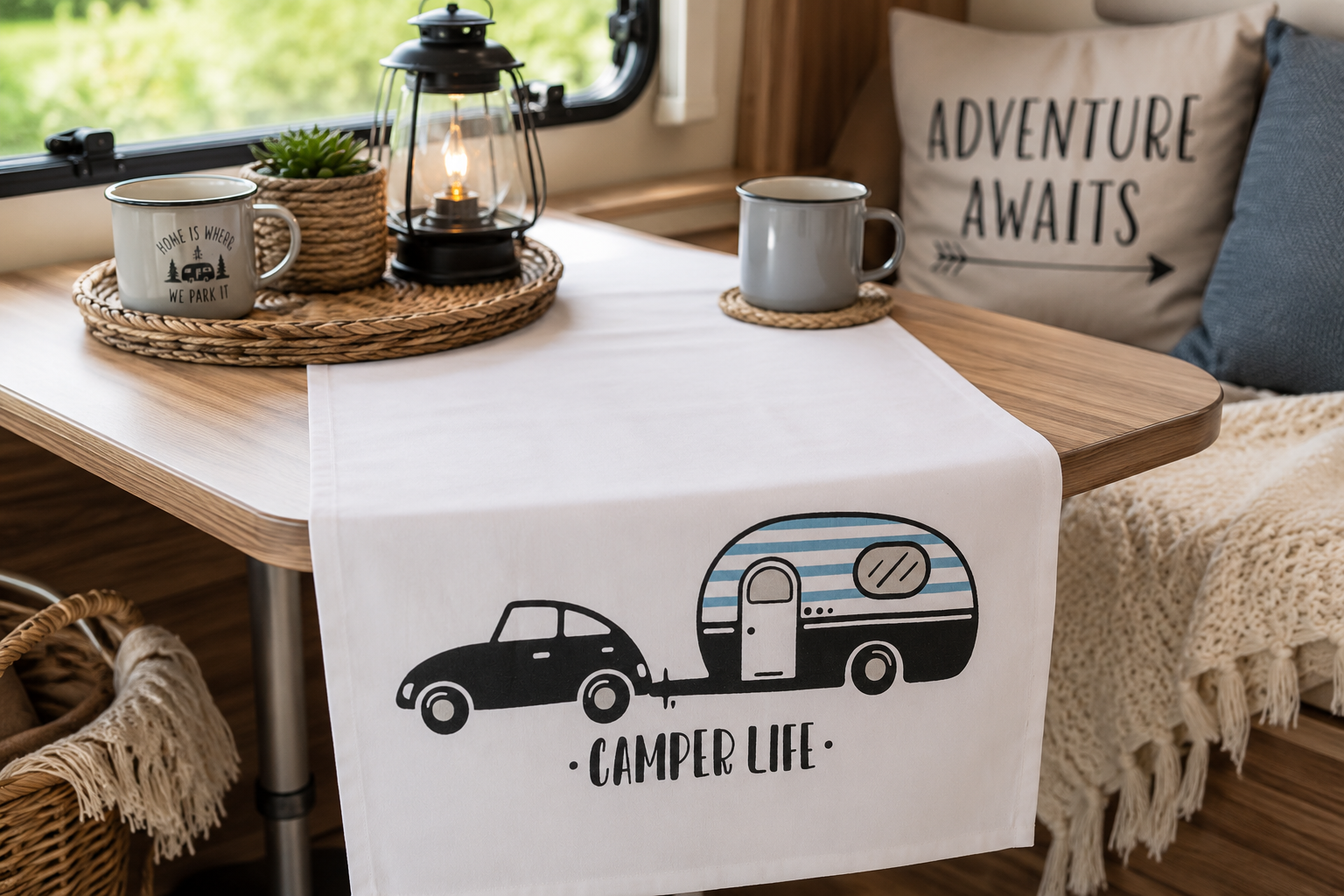 Tischläufer Camper Life schwarz weiß mit Auto und Wohnwagen Motiv