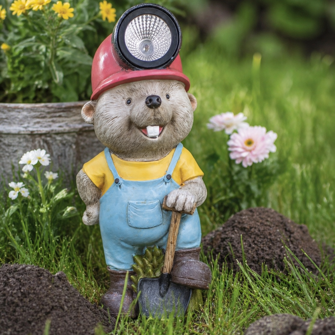 Gartenfigur Biber Lumino mit Solarlicht Latzhose und Schippe 31 cm