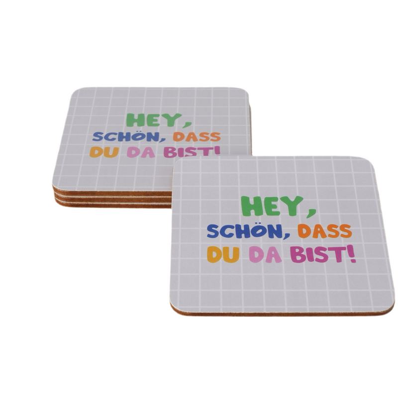 Untersetzer Hey, 2tlg., Quadratisch, Pink Weiß, Spruch Hey schön dass du da bist