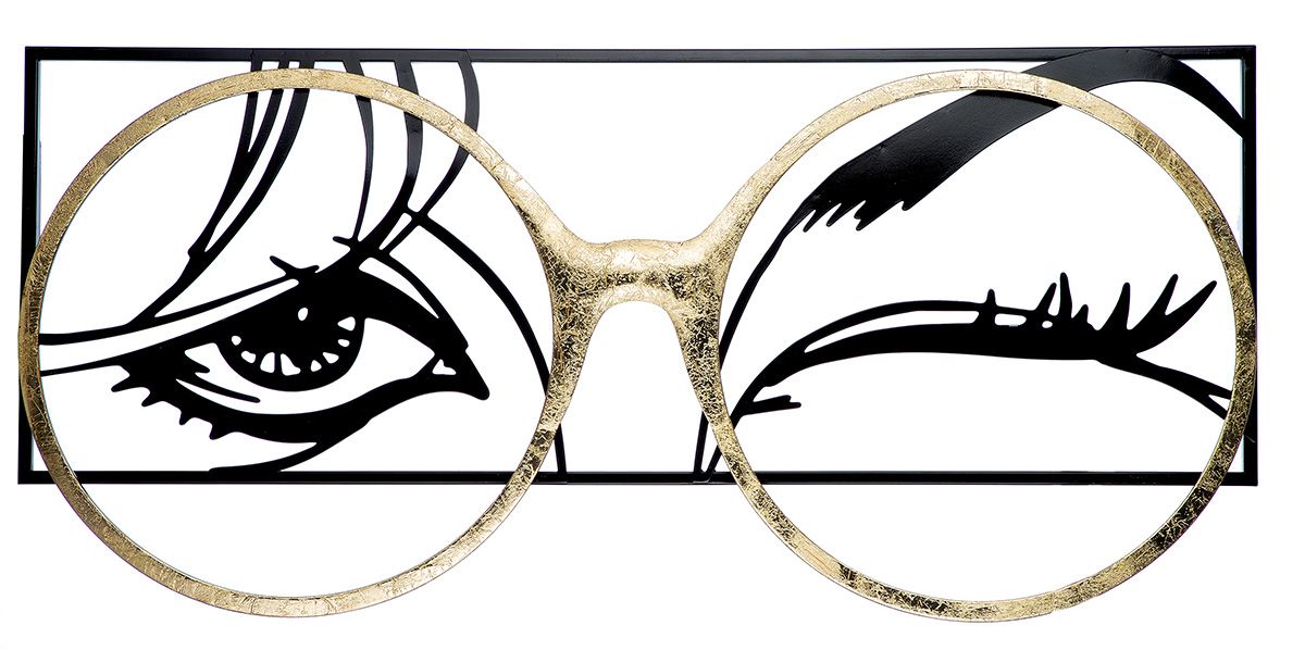 Metall Wandrelief "Twinkle" - Elegantes Wanddekor in Schwarz mit Goldfarbener Brille, 42.5cm x 90cm