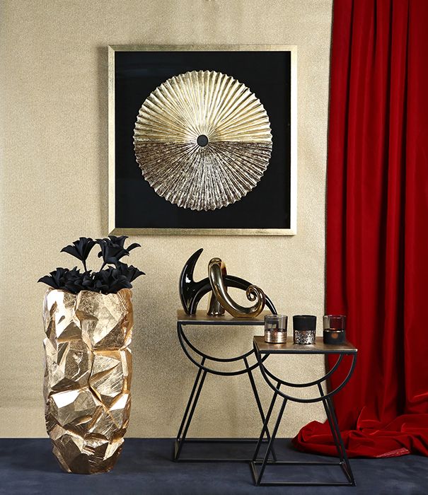Wall object 'Plato' - handmade wood/glass artwork, gold/black, 80x80 cm