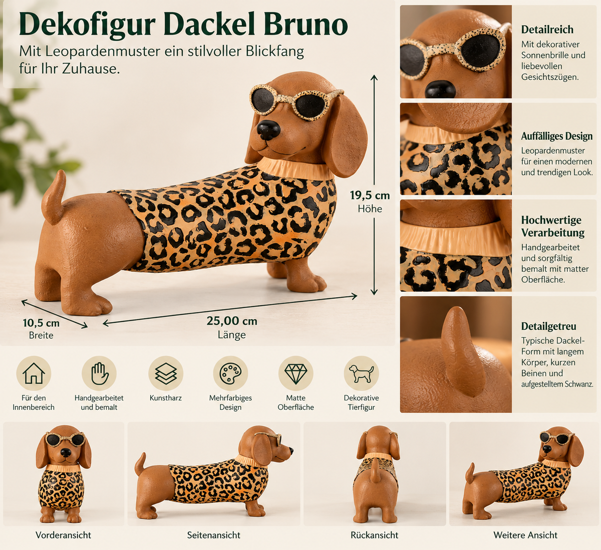 Dekofigur Dackel Bruno mit Leopardenmuster braun 25 cm