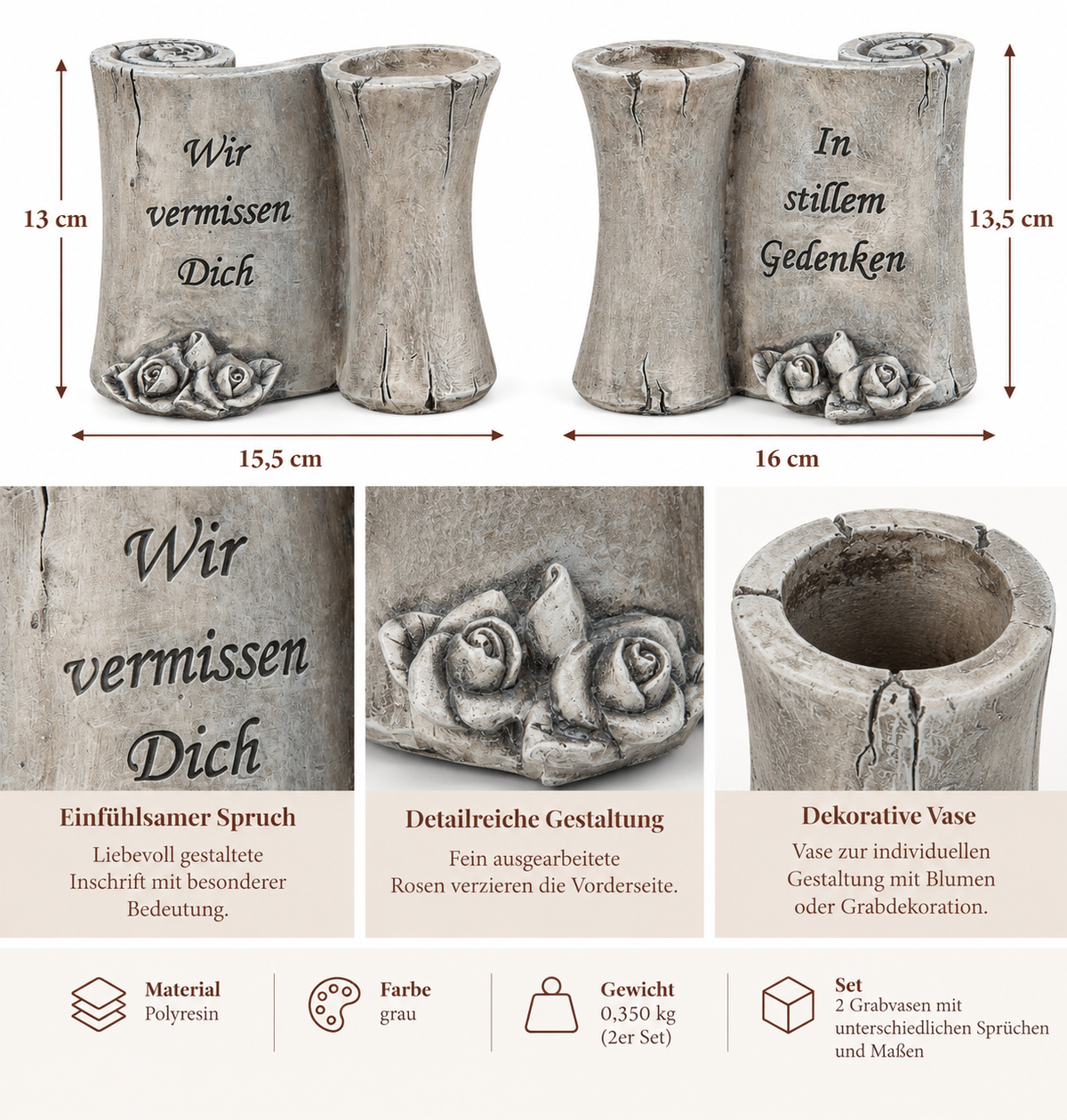 Grabvasen Stilles Gedenken Grau mit Rosen 2er Set 13 und 13,5 cm