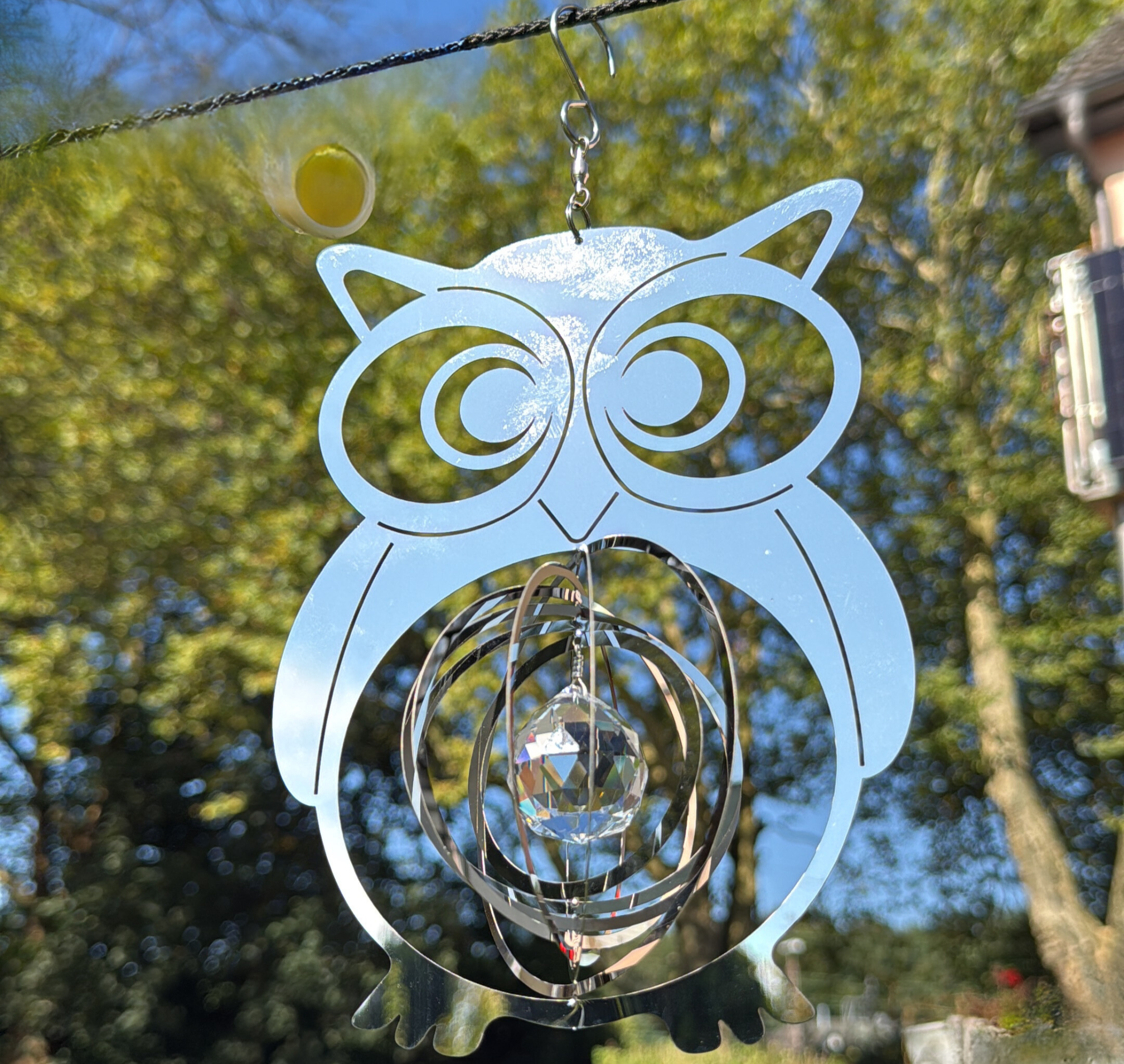 RVS uil hangdecoratie met kristal, 20 cm, zilver