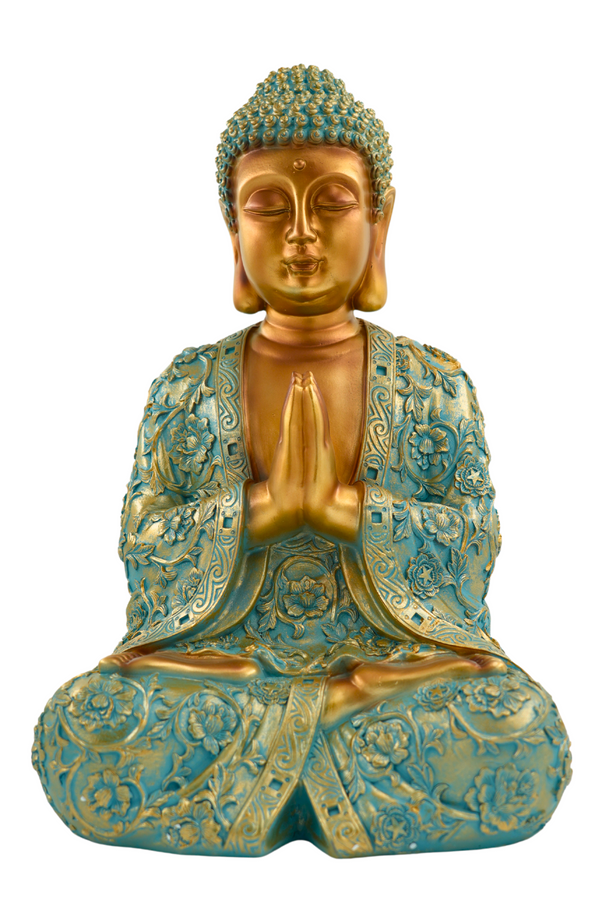 Subliem Boeddhabeeld in mintgroen en goud - Een vleugje verlichting Hoogte 41,5 cm