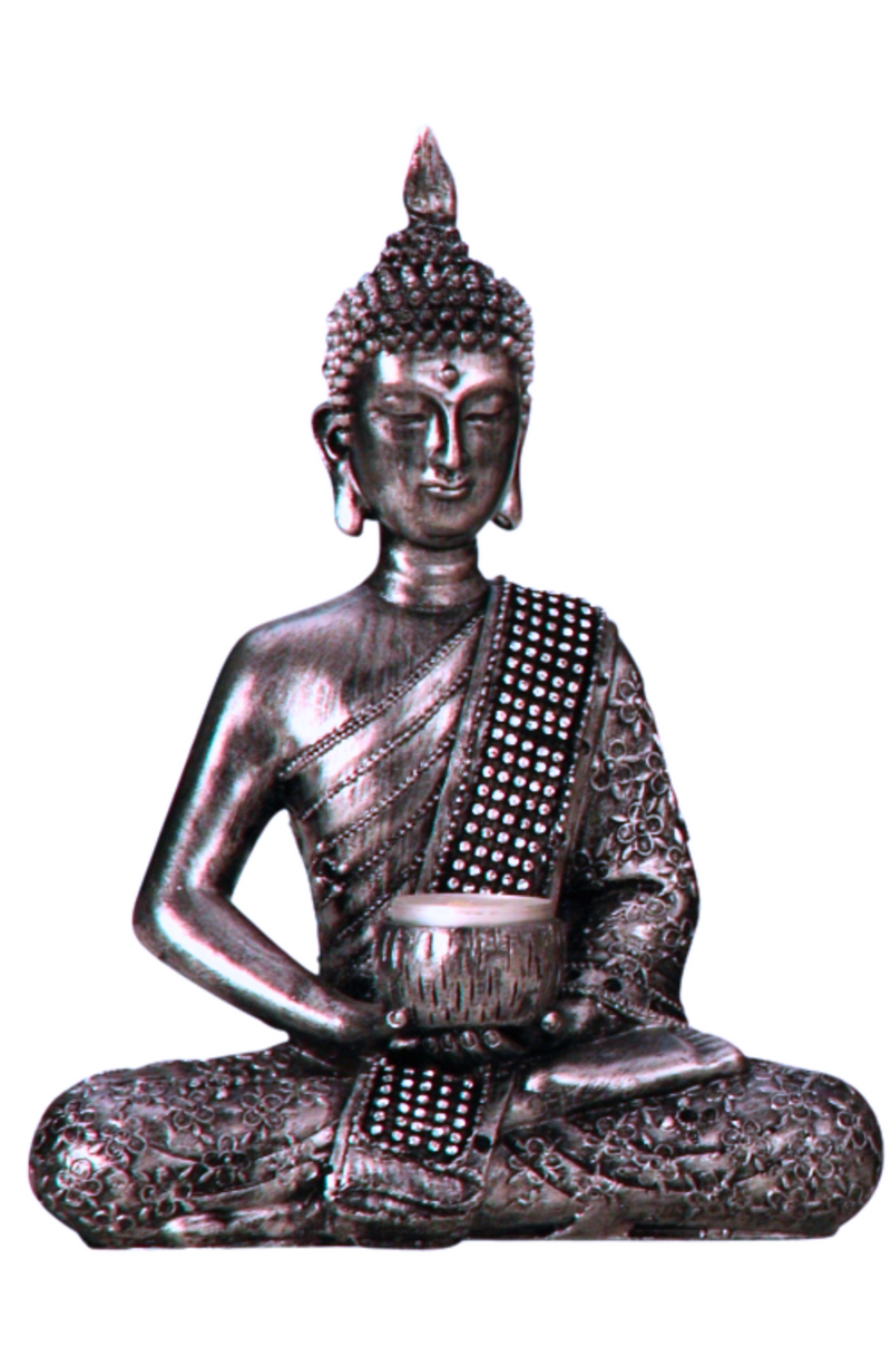 Buddha tealight holder silver – meditative decorative figure with glitter decoration