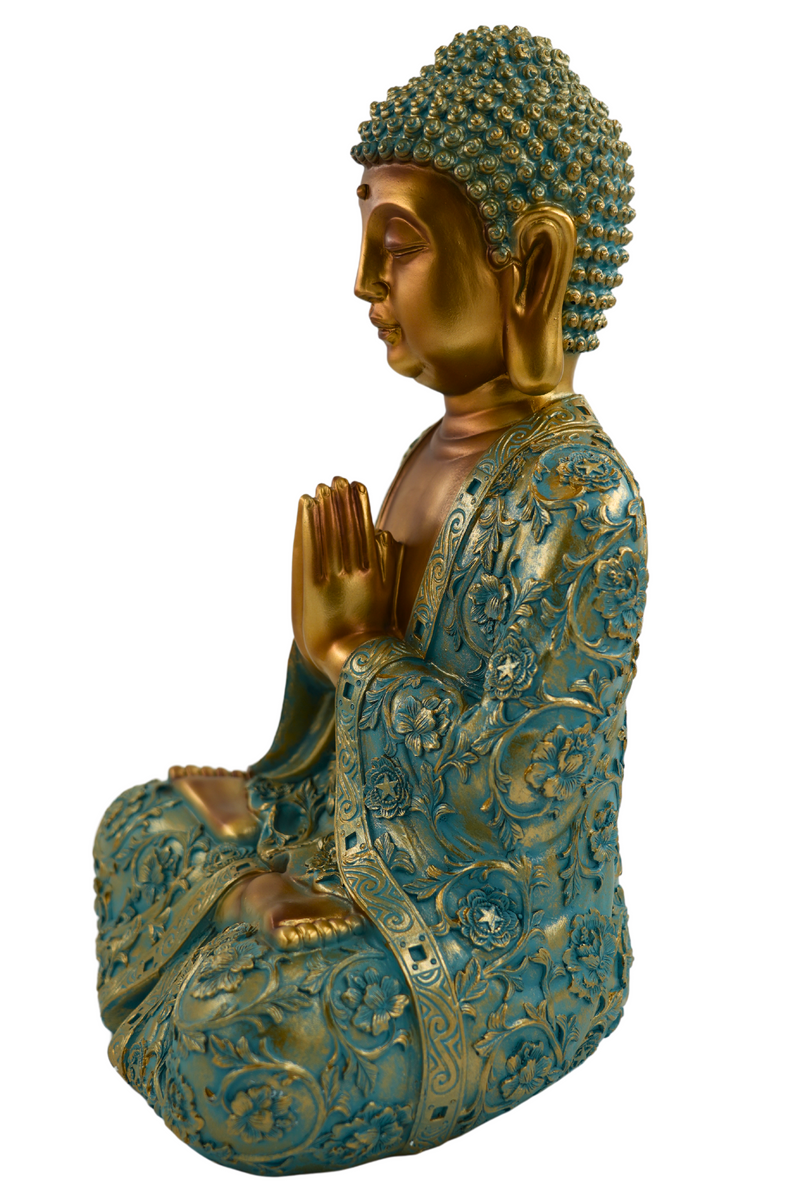 Buddhafigur XXL Erhabene Buddha Figur NYORAI in Mintgrün & Gold 41,5 cm Höhe