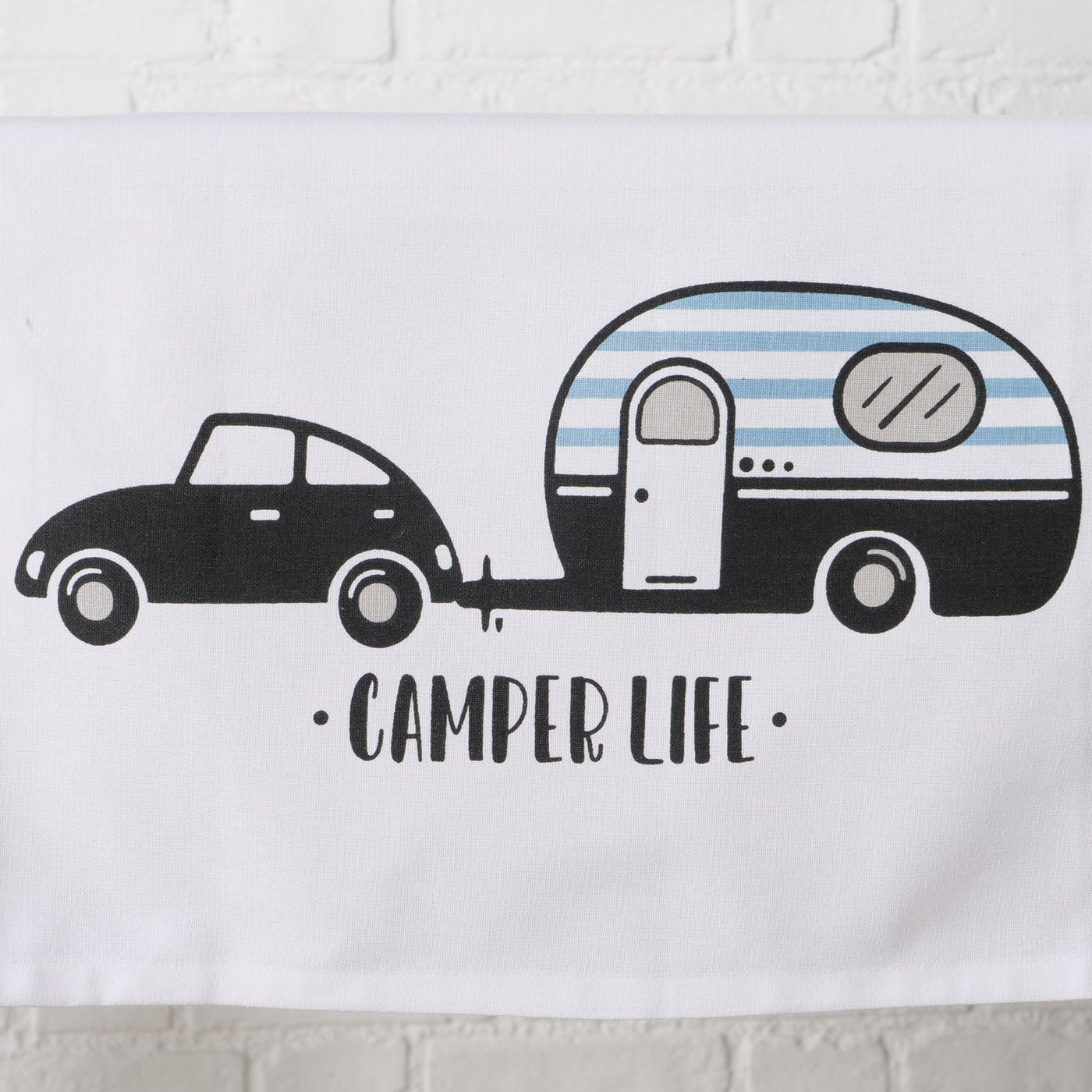 Tischläufer Camper Life schwarz weiß mit Auto und Wohnwagen Motiv