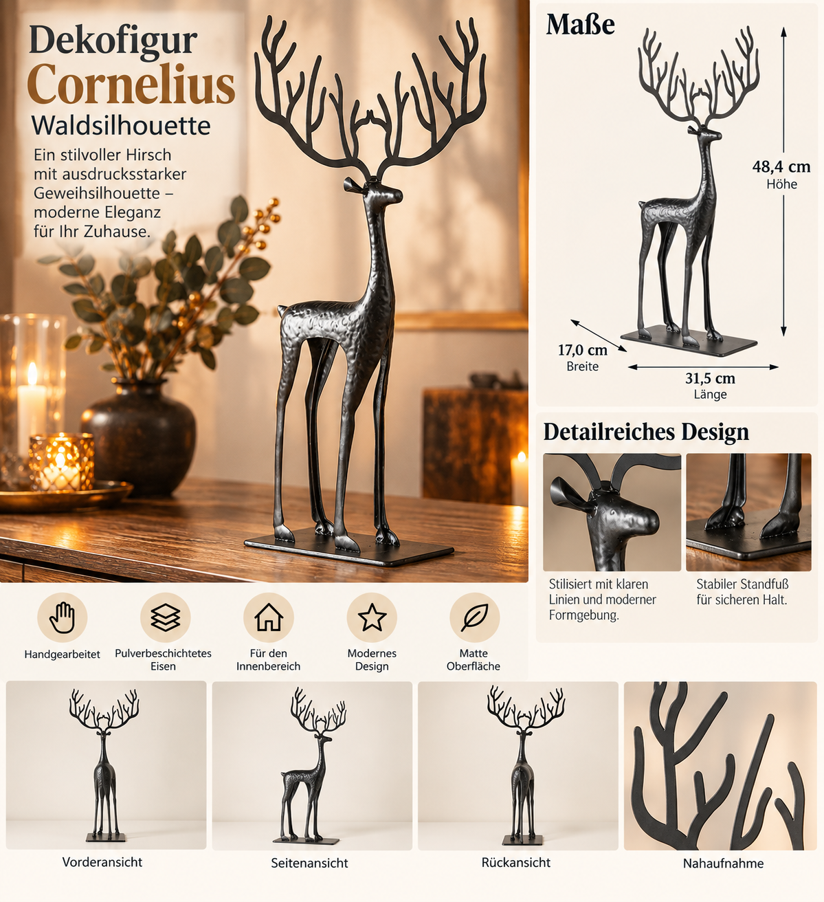 Cornelius Forest Silhouette Decorative Figure Deer Black 48cm Metal Handmade