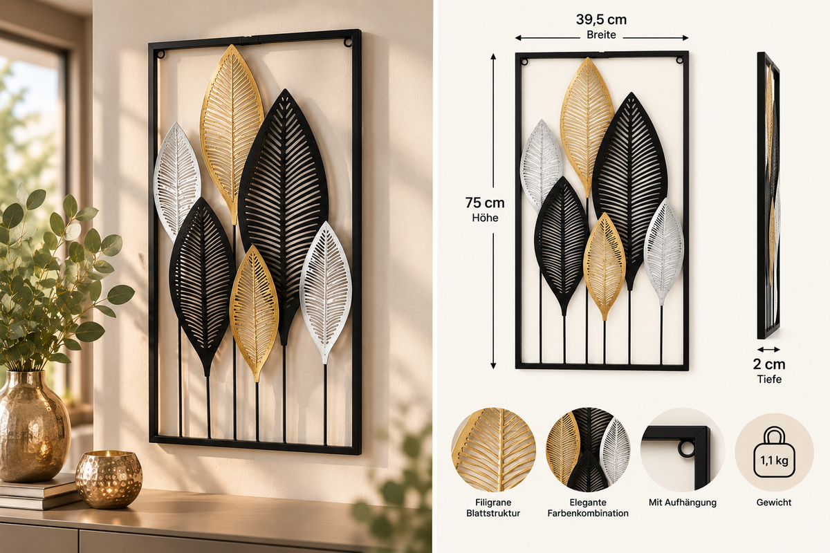 Wanddeko Noxi Wandschmuck 3D Bild Metalldeko Metallbild H:75cm Blätter