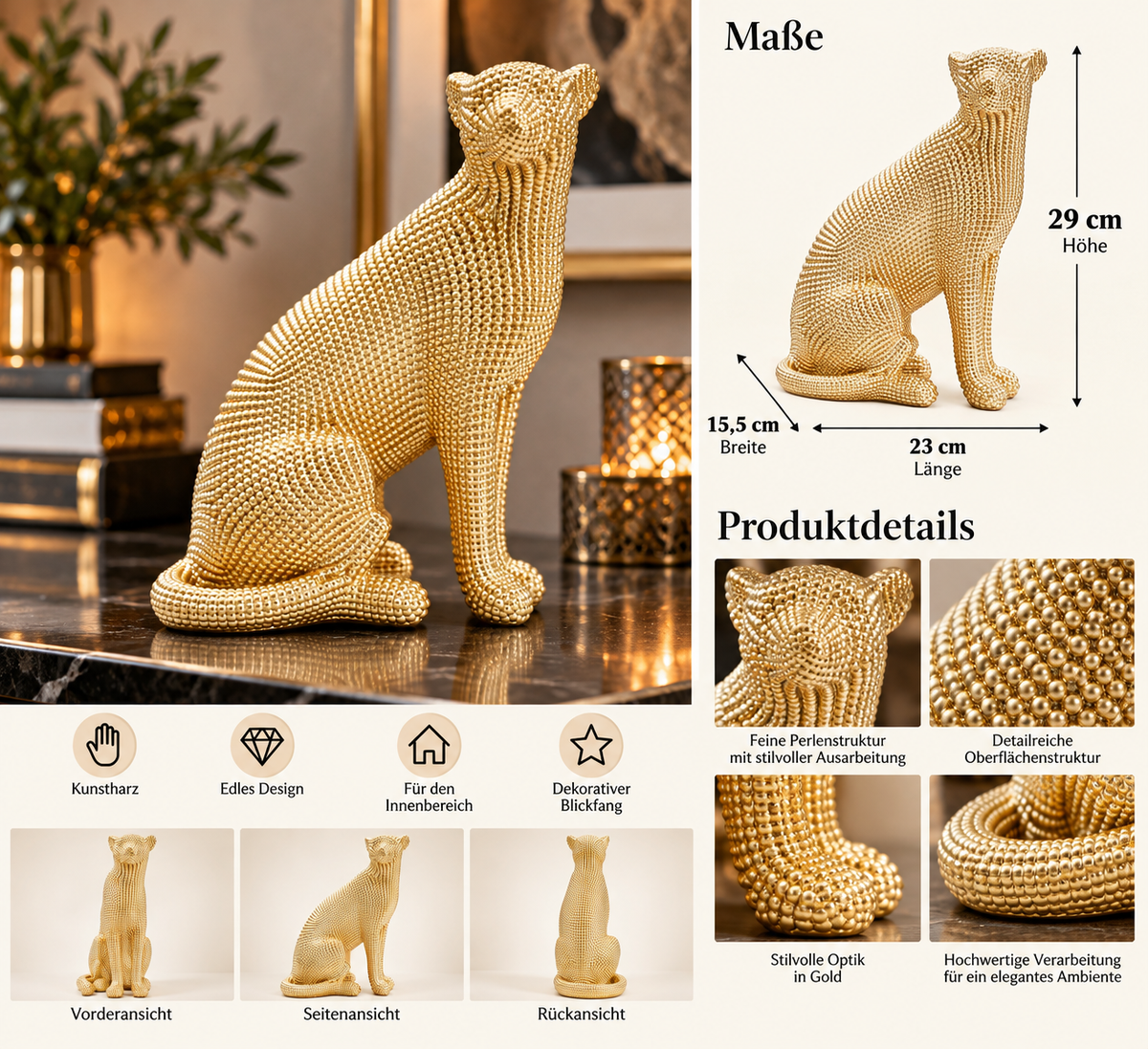 Dekofigur Goldener Leopard Perlenstruktur 29 cm