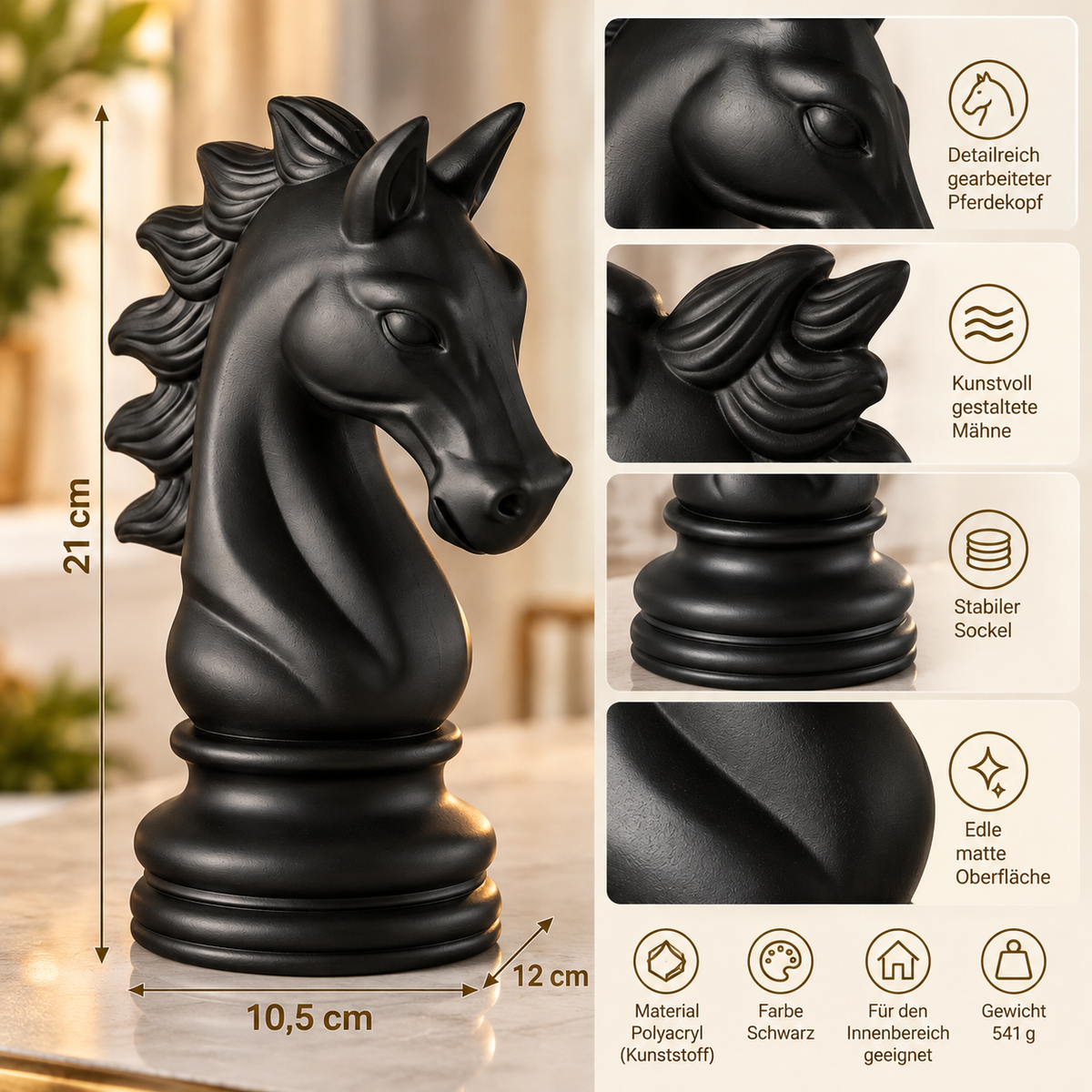 Dekofigur Schachspringer Schwarz Matt 21 cm
