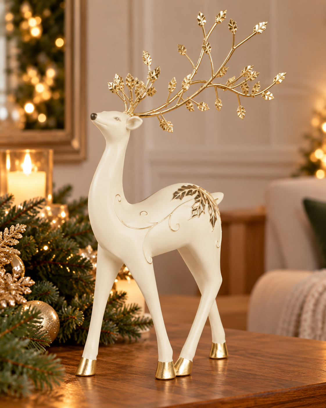 Dekofigur Rentier Winterwald weiß gold 35 cm