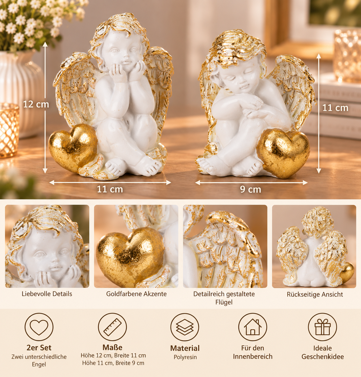 Engel Figuren Herzensengel Weiß Gold 2er Set 11 und 12 cm