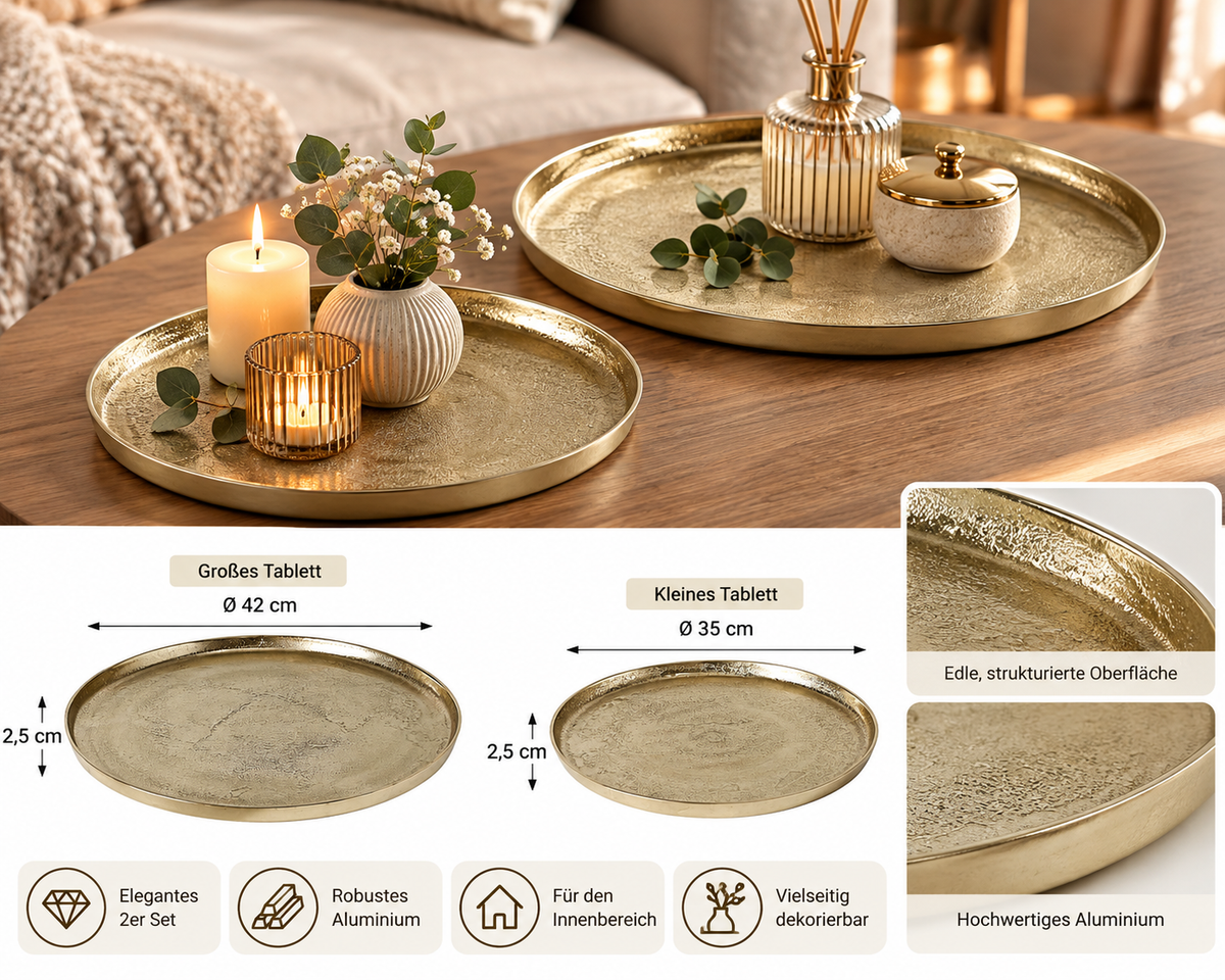 Tablett Set Neska Gold Aluminium Rund 2 teilig