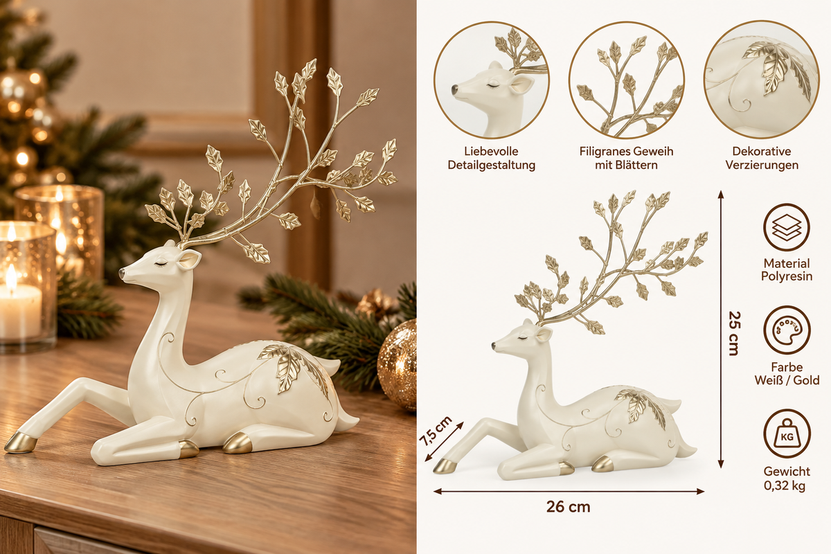 Deko Rentier Blätterzauber liegend Weiß Gold 25 cm