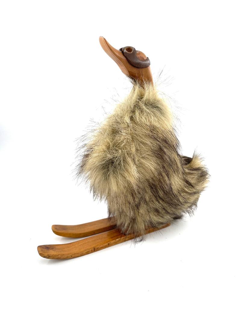 Decorative duck on skis made of wood and fur, brown 39cm