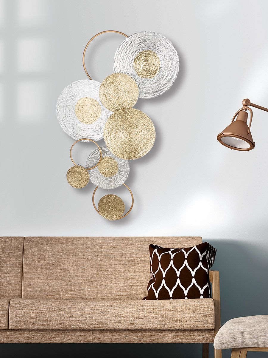 Dieci Metal Wall Relief - Shiny Gold and Silver Tone Circles, Modern Wall Art, 60x112 cm