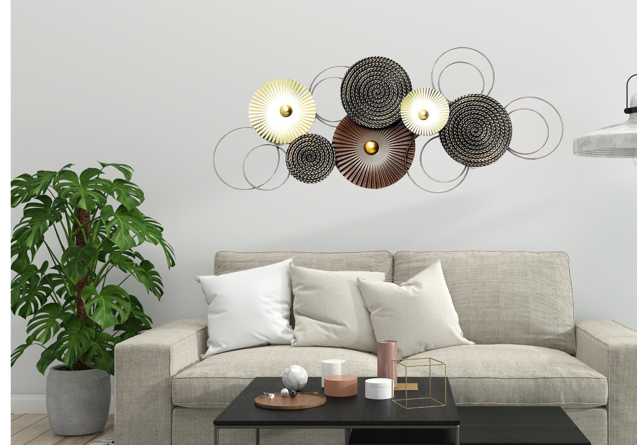 Wanddekoobjekt Sixo Braun Goldtöne Metall Wanddeko Wandschmuck Kreise 83x38 cm Deko