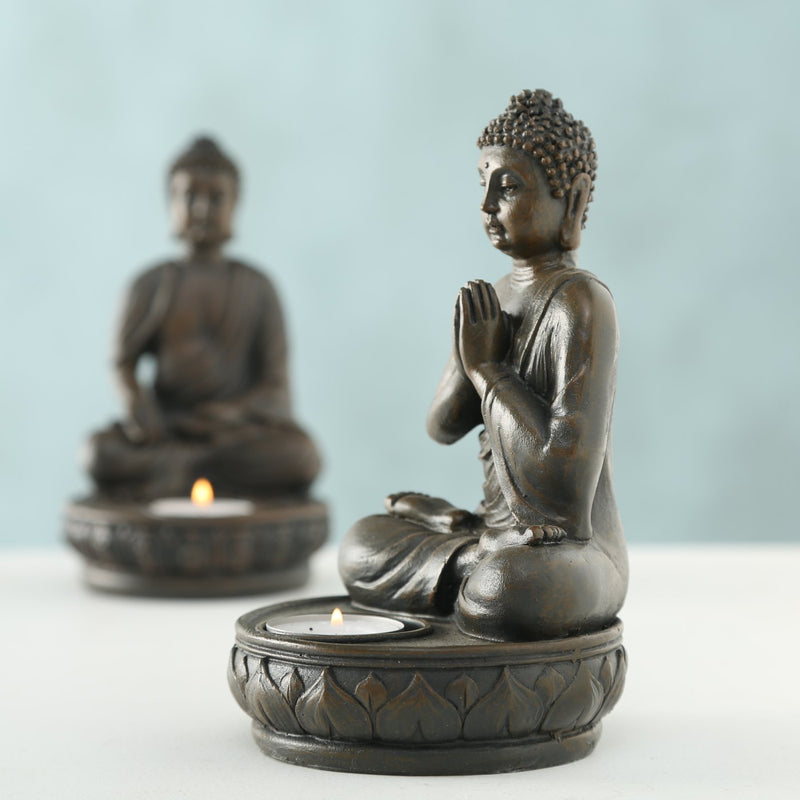 Set van 2 theelichthouders "Zen Buddha" - theelichthouders van kunsthars in Boeddha-vorm