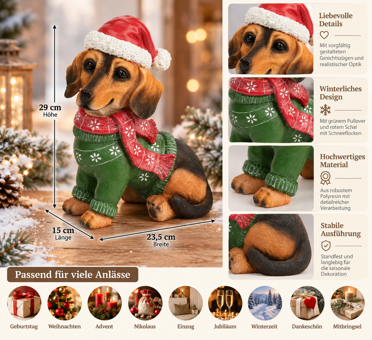 Dekofigur Weihnachtsdackel Festtagsfreund grün 29 cm