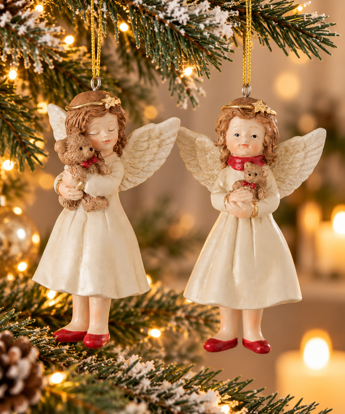 Weihnachtsanhänger Himmelsfreunde Engel mit Bär 2er Set cremeweiß 11 cm