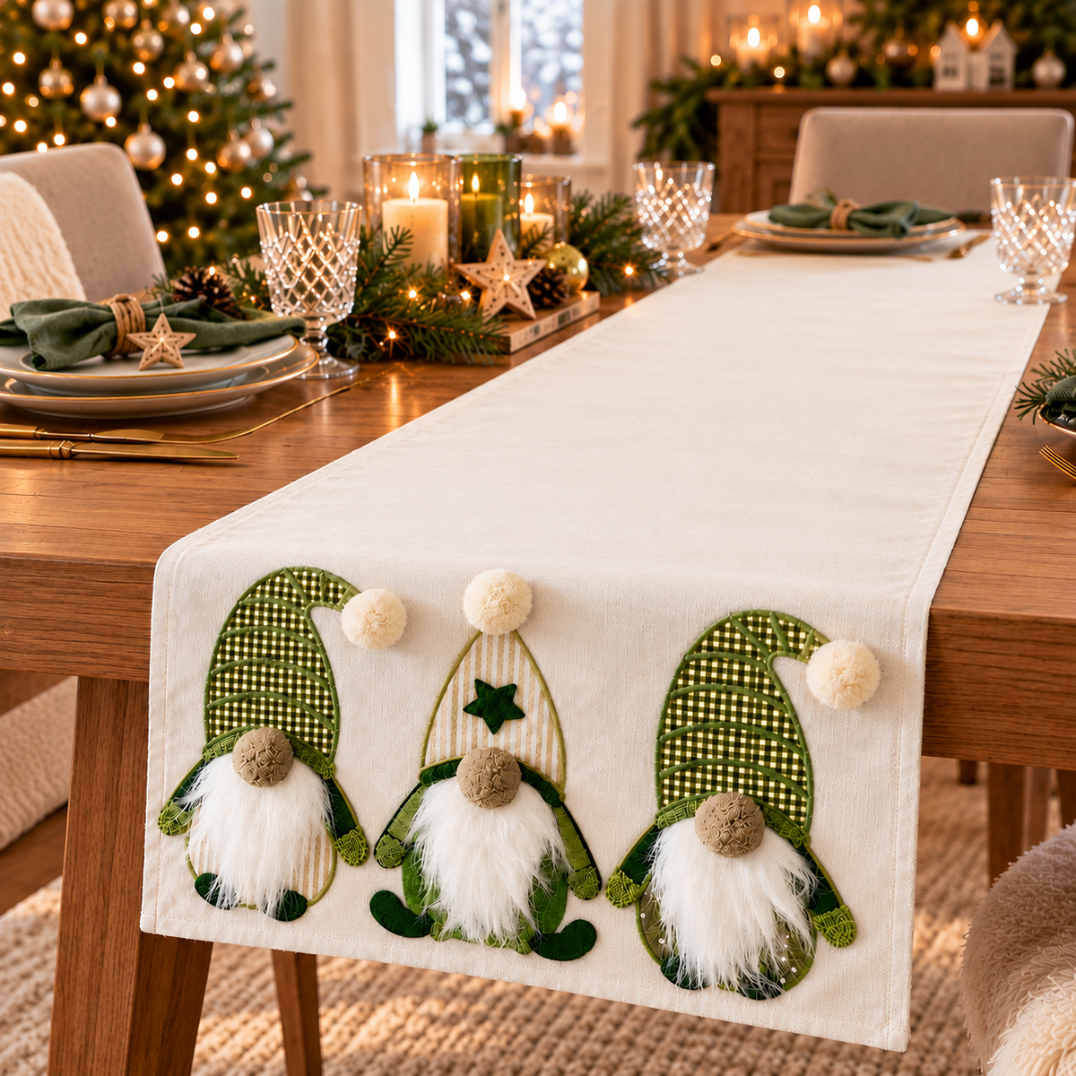 Table runner Wichtelzauber green white handmade 40x144 cm