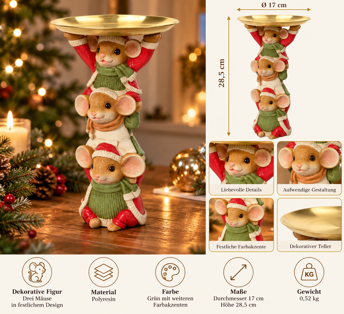 Dekofigur Mäuse Weihnachtsfreude mit Tablett grün 28,5 cm