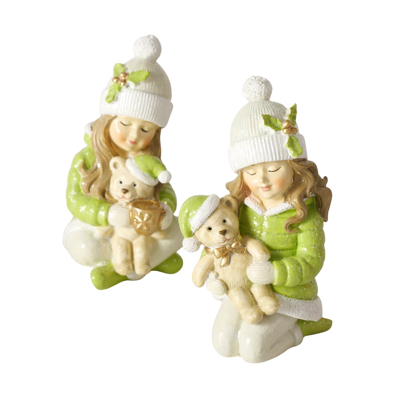 Weihnachtsdeko Figur Maren 2er Set Mädchen mit Teddybär Handbemalt