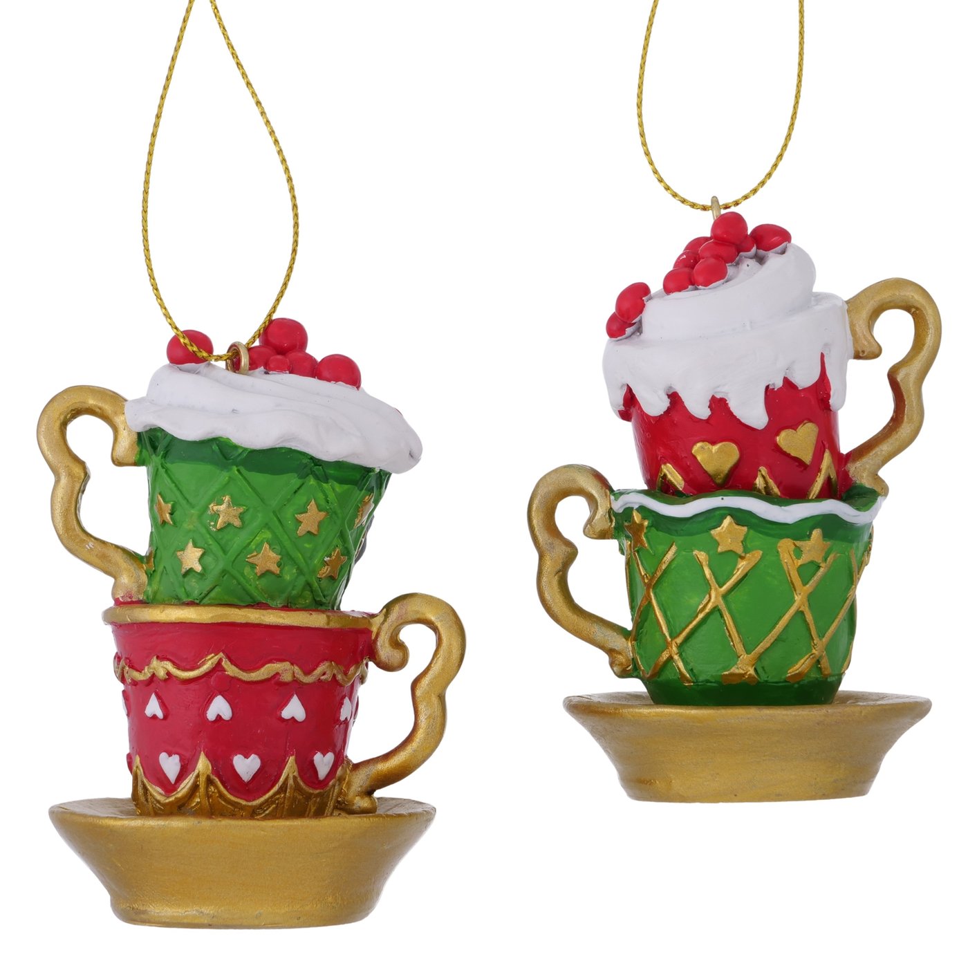 Christmas decoration cup set of 2 cups hand-painted gold green red