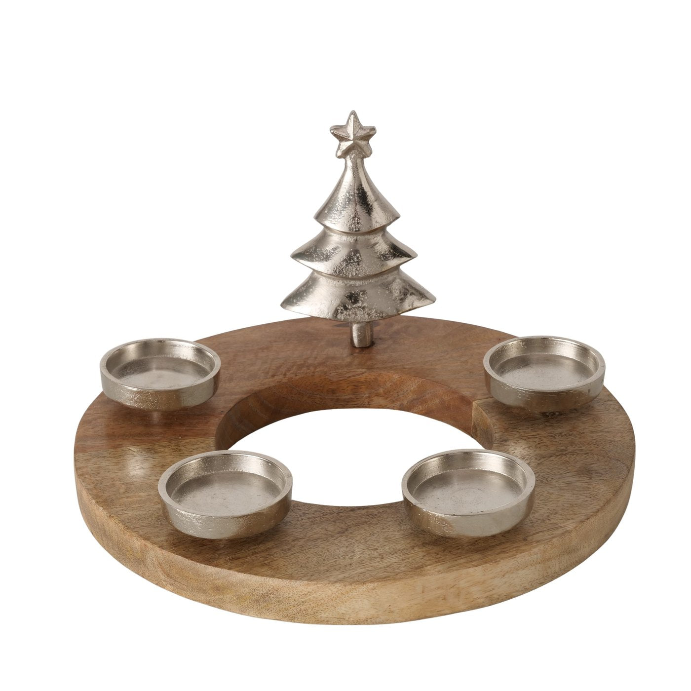 Teelichthalter Sorrest Holz Metall Adventskranz Rund Silber Natur