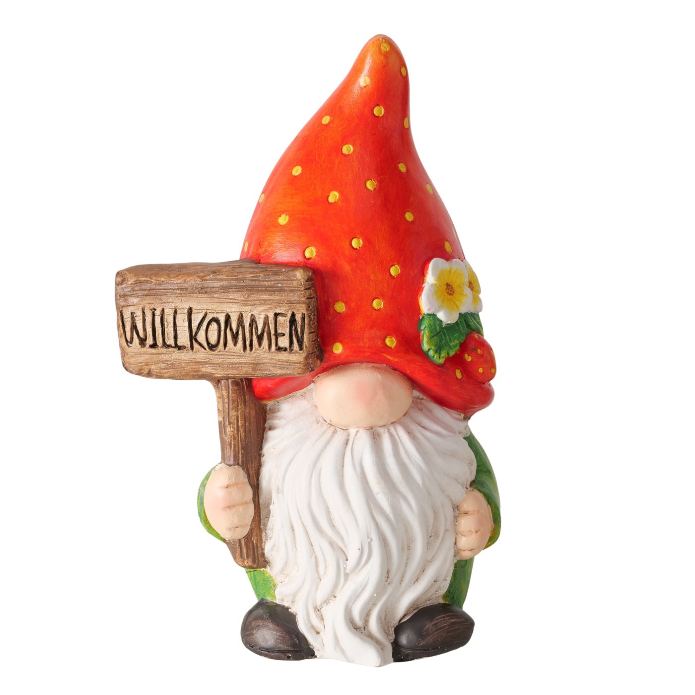 Dekofigur Fragolino Wichtel mit Erdbeerhut aus Keramik für Garten und Dekoration