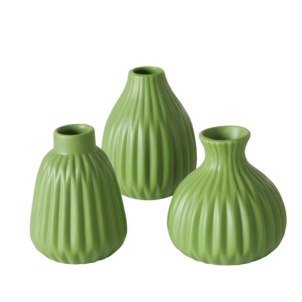 Vase Esko – 3er Set in frischem Grün Keramik Matt Geriffelt