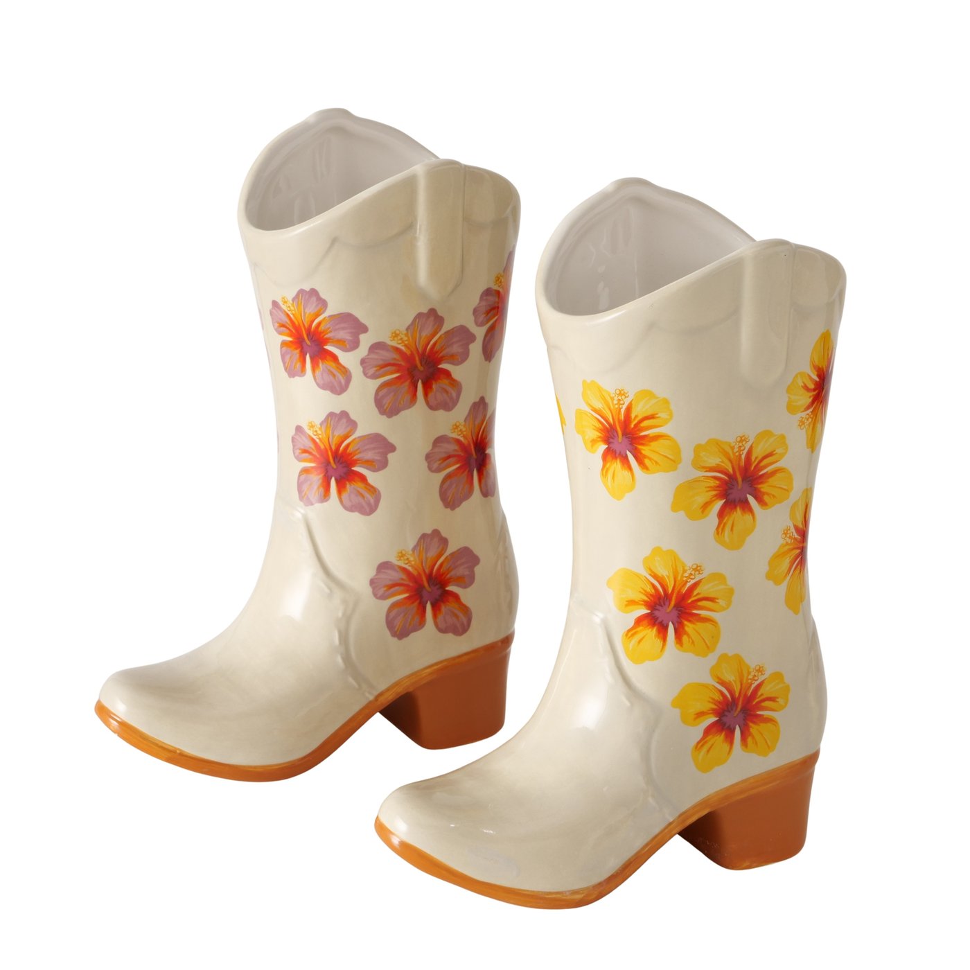 Keramikvasen Set BloomBoots 2er Hibiskus Motiv Cremeweiß Stiefelform