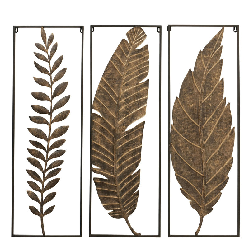 Artistic wall object 'Magic Leaves' - Several leaves, dark brown &amp; antique gold, painted iron