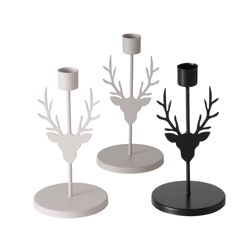 Set van 3 metalen hertenkandelaars - grijs en zwart, 16 cm